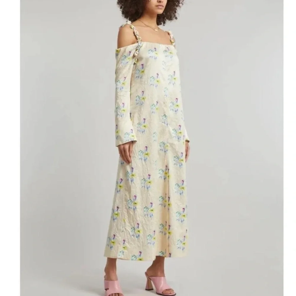NWT GANNI - Ganni Floral Off the Shoulder Long Sleeve Crinkled Satin Maxi Dress - Picture 1 of 9